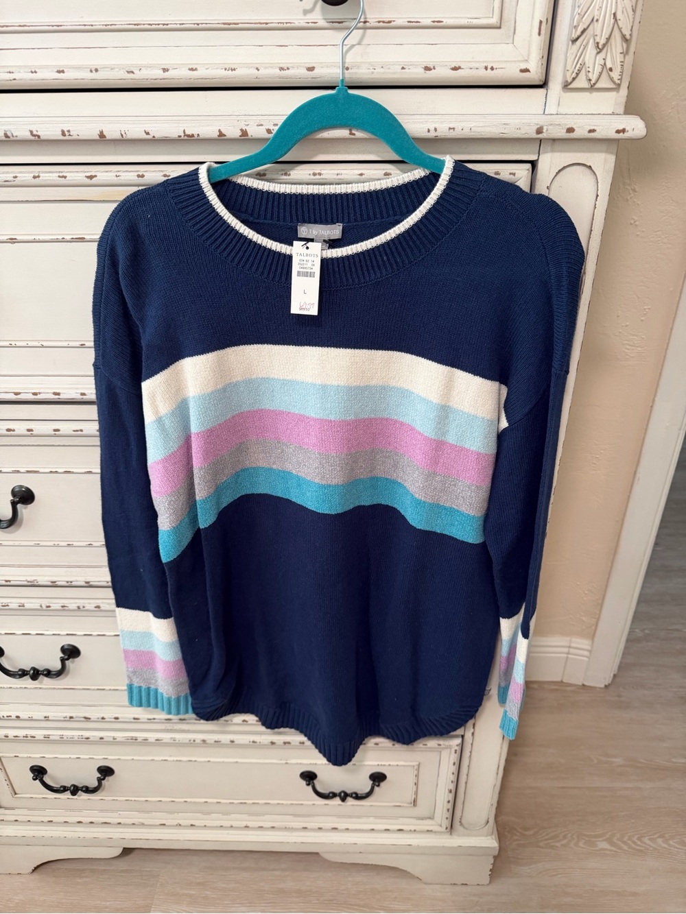 Talbots Navy Crewneck Sweater with Cream, Light Blue, Pink & Teal Stripes